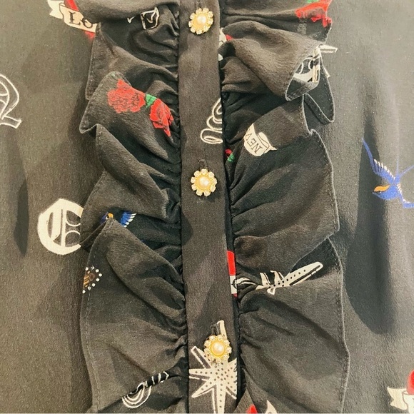 SANDRO PARIS Sz 3 (EU) US S Tattoo Print Ruffles Neckline Sleeves A-Line Dress - Picture 8 of 15